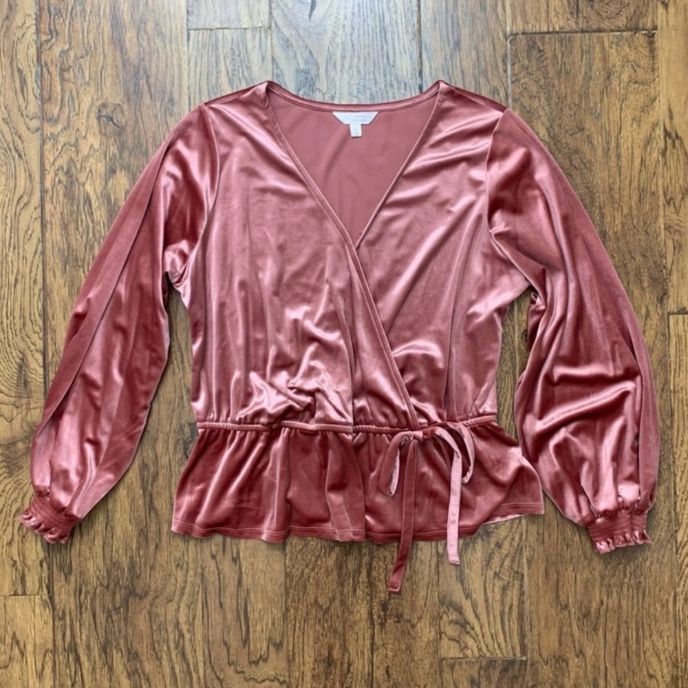 LC Lauren Conrad Trendy Velvet Peplum Wrap Blouse in Rose Pink Long Sleeve